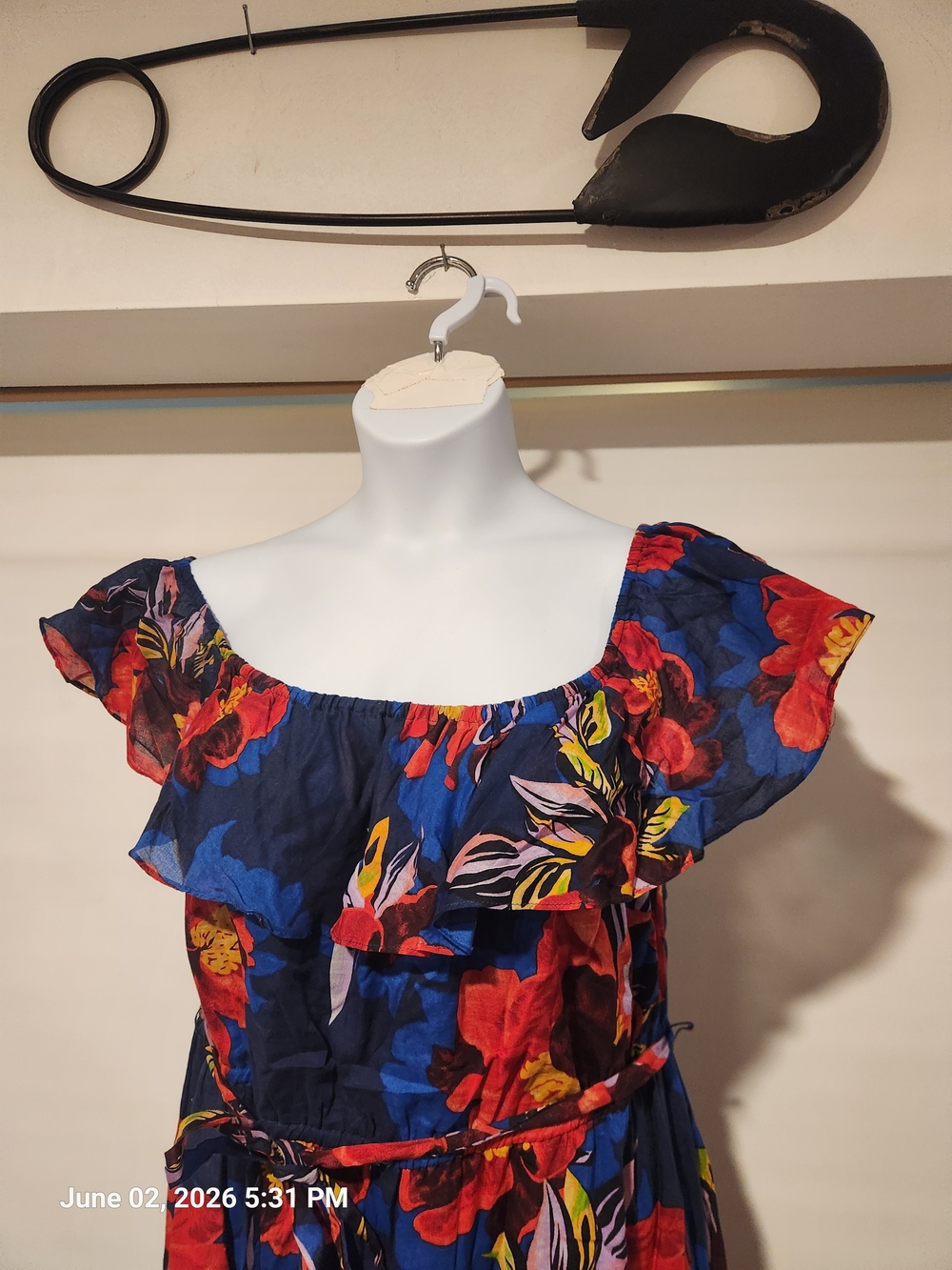 Floral Off-Shoulder Midi Dress - Grace Element Navy with Red Floral Print - Picture 2 of 5